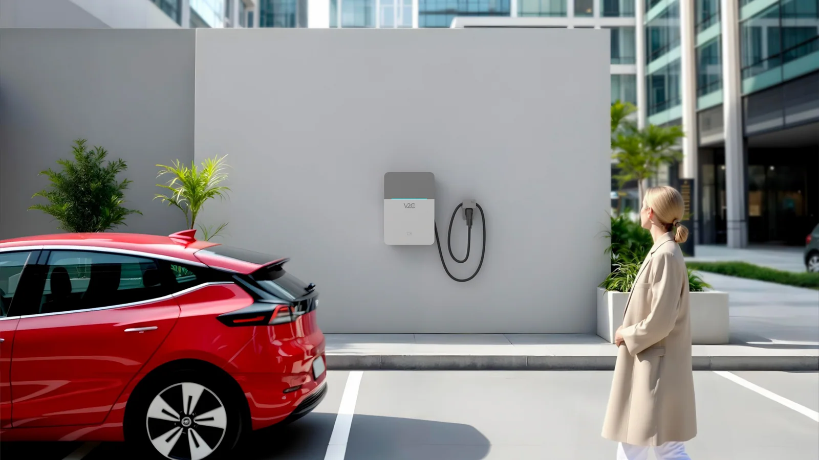 Borne de recharge V2C installée sur un parking, véhicule électrique en charge